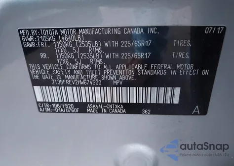 2017 Toyota Rav4 Le из США, поврежденный, VIN 2T3BFREV2HW674500